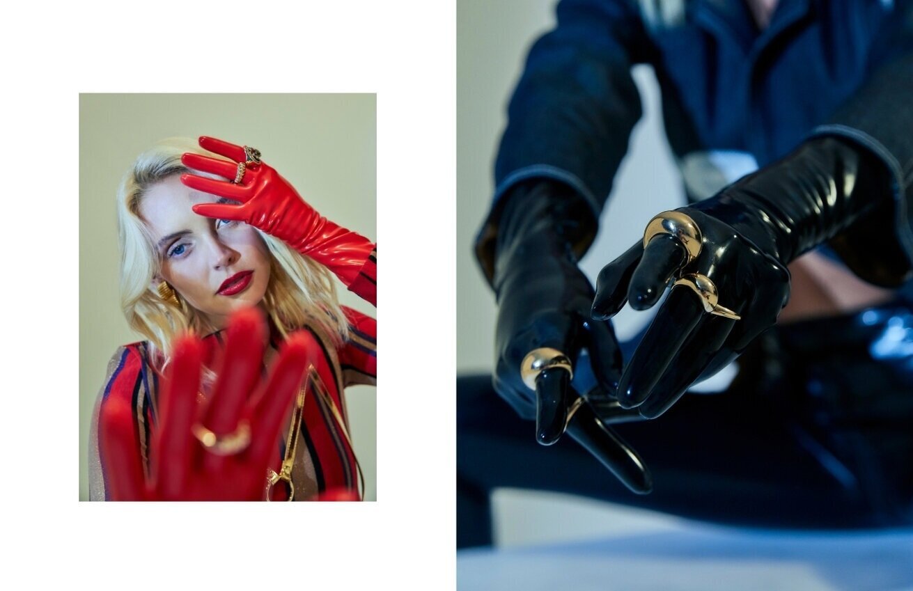 Left: Nostrasantissima dress via Yoox , Black black harness and gloves, Roxane Assoulin earrings // Right: Alyssa Sun jacket, Max Black gloves and stockings.