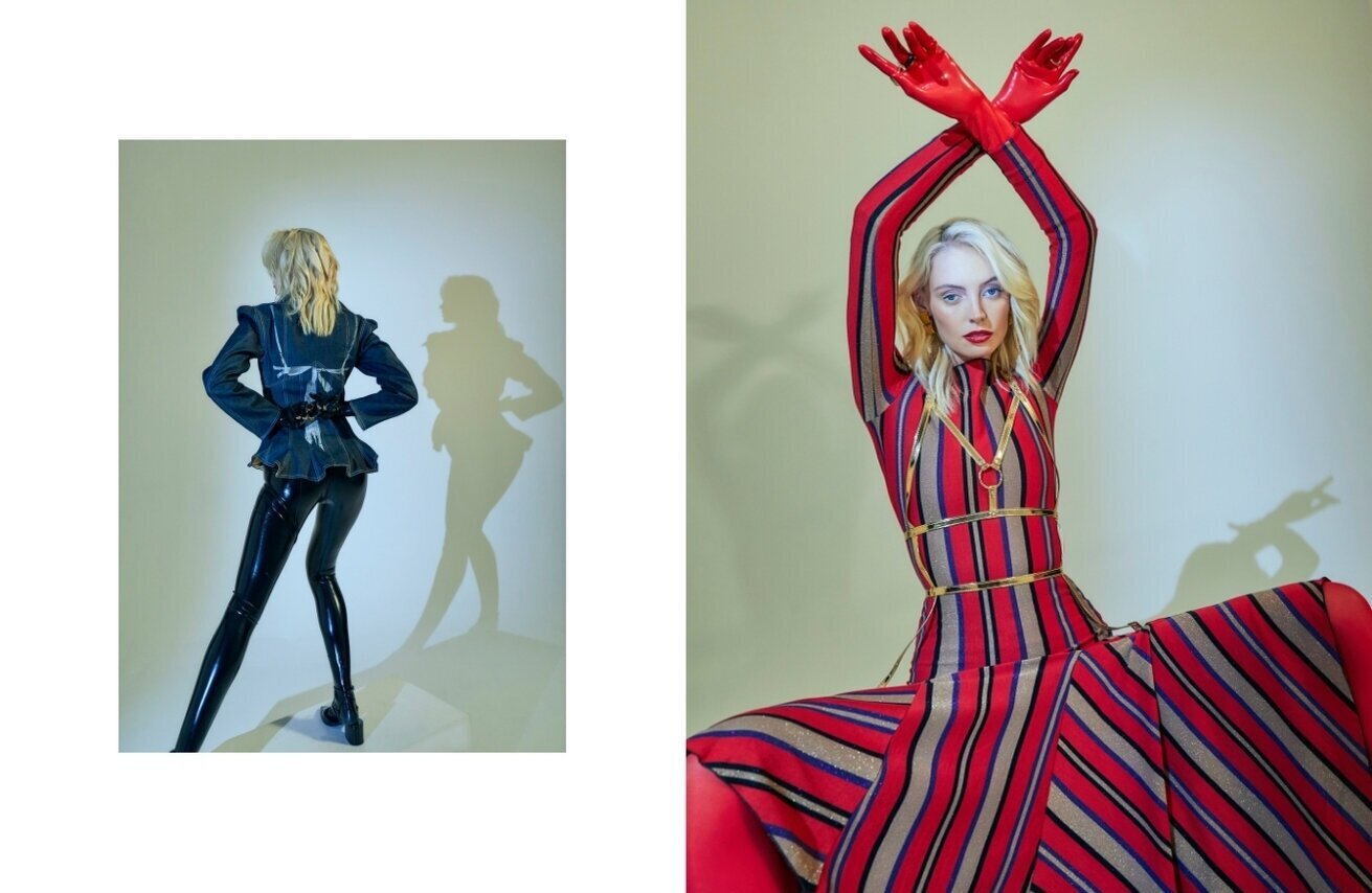 Left: Alyssa Sun jacket, Max Black gloves and stockings, Chloe shoes and vintage earrings // Right: Nostrasantissima dress via Yoox , Black black harness and gloves, Roxane Assoulin earrings, Coach shoes.