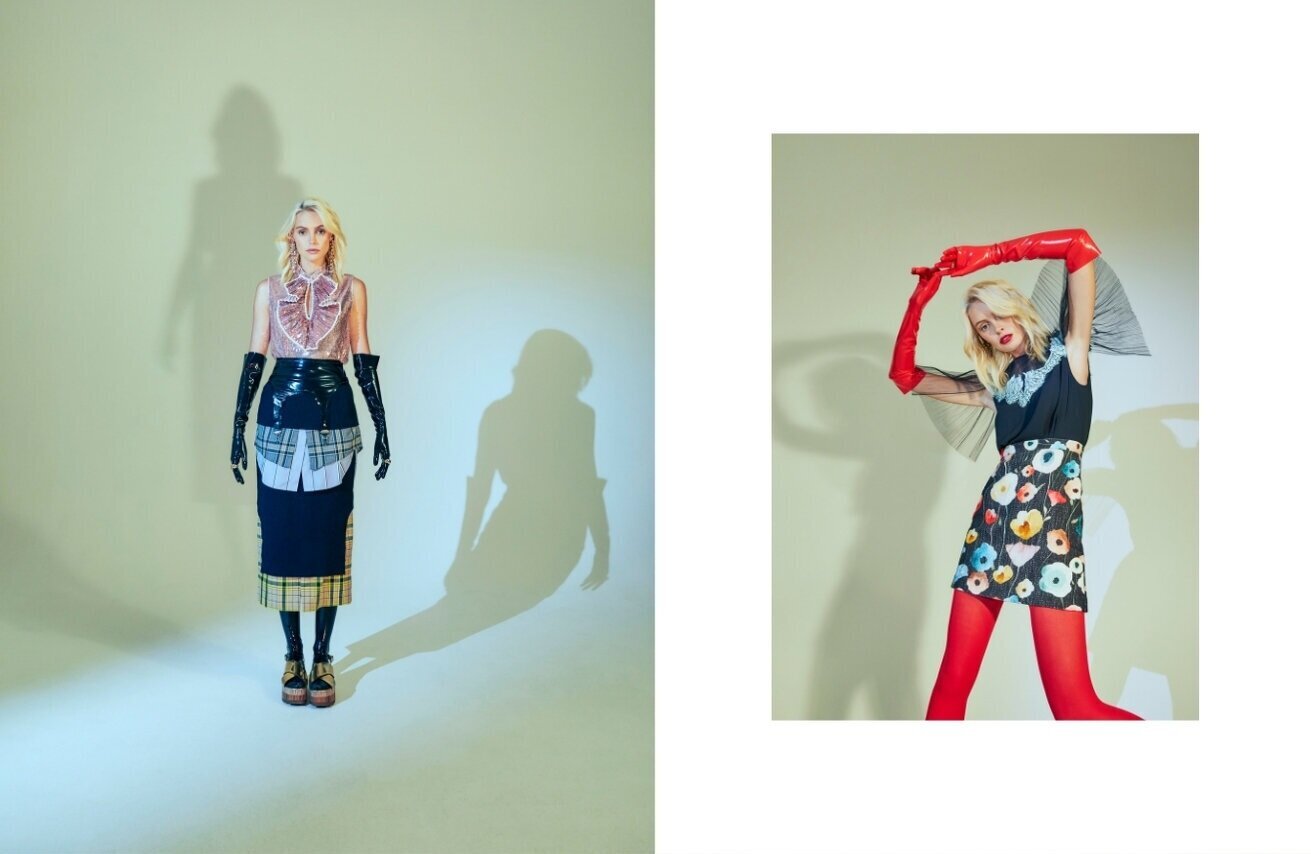 Left: N21 top via Yoox, Enfold skirt via Yoox, Max Black gloves suspender and stockings, Roxane Assoulin earrings, Stella Mccartney shoes // Right: Elisabetta Franchi dress via Yoox, Max Black gloves and Lanvin earrings.