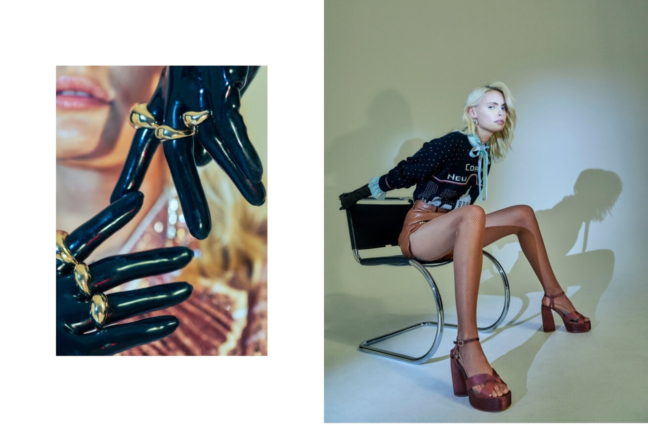 Left: N21 top via Yoox, Enfold skirt via Yoox, Max Black gloves suspender // Right: Coach total look, Max Black gloves, Sener Besim earrings and Dolce &amp; Gabanna shoes.