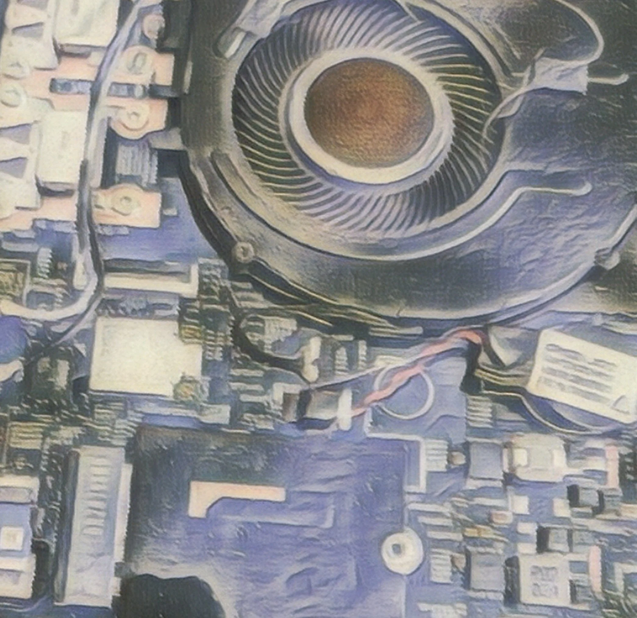 Close-up of a computer's internal components, including a cooling fan, circuit boards, and wiring.