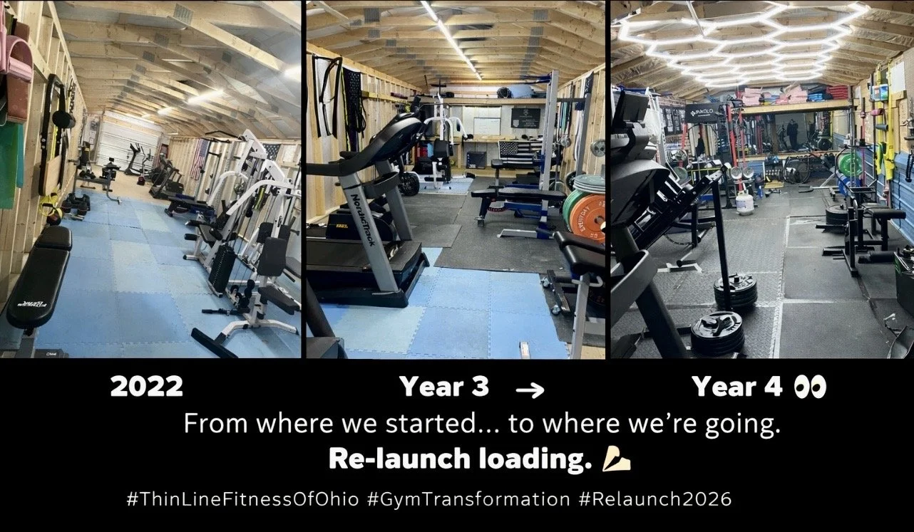 Three side-by-side photos of a home gym showing progress from 2022 to Year 4, with updated equipment and lighting improvements.