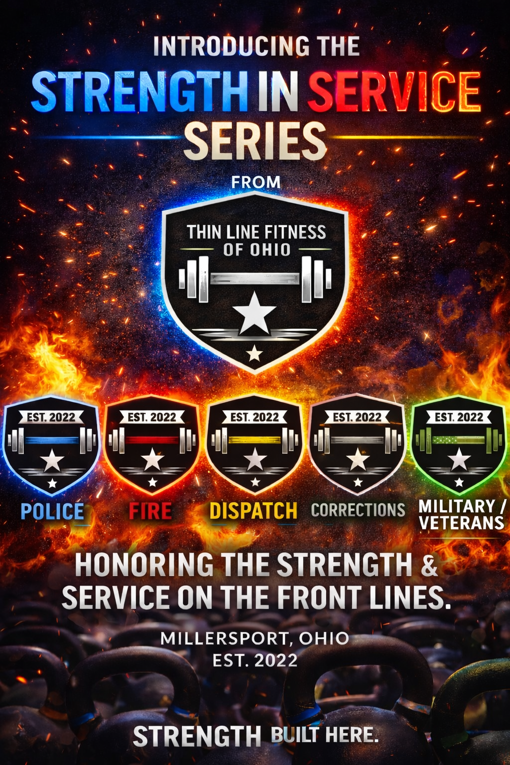 An announcement for the 'Strength in Service' series from Thin Line Fitness of Ohio, featuring icons for police, fire, dispatch, corrections, and military/veterans, with fire and sparks backgrounds and kettlebell imagery.