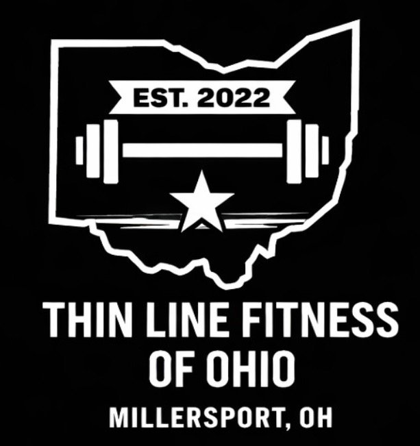 Logo for Thin Line Fitness of Ohio, established 2022, featuring a weightlifting bar inside the outline of Ohio, with a star below, and text indicating location in Millersport, Ohio.