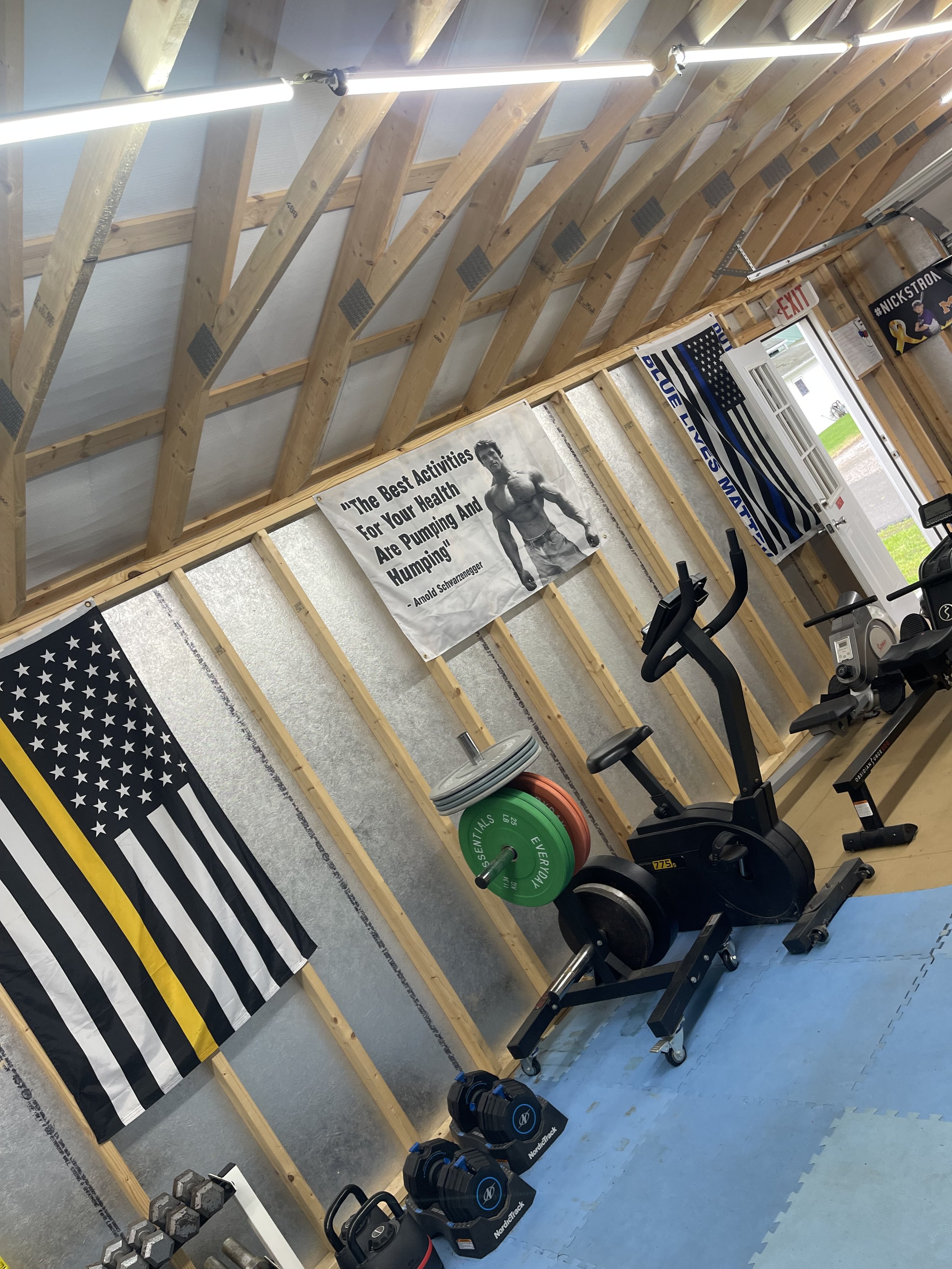 Interior of a home gym with workout equipment on a rubber mat, weight racks, a rowing machine, and banners including a black and white American flag with a thin yellow line, and a sign with Arnold Schwarzenegger's quote about health activities.