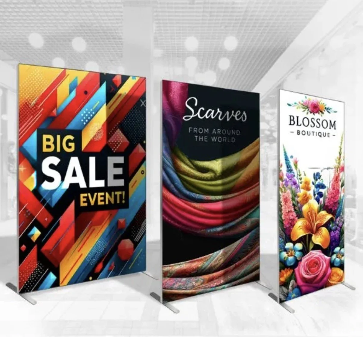 Three colorful vertical banners displayed in a shopping mall. The first banner advertises a big sale event with bold, geometric, and vibrant patterns. The second banner promotes scarves from around the world with an image of a multicolored, flowing scarf. The third banner displays floral artwork and advertises Blossom Boutique with various flowers including roses and lilies.