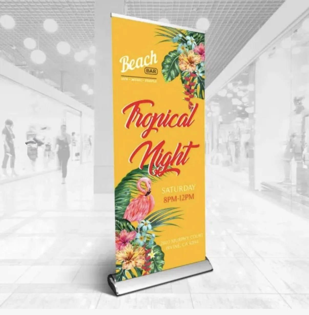 Bright yellow vertical banner advertising 'Tropical Night' event at Beach Bar on Saturday from 8 PM to 12 AM, featuring tropical flowers, leaves, and a pink flamingo illustration