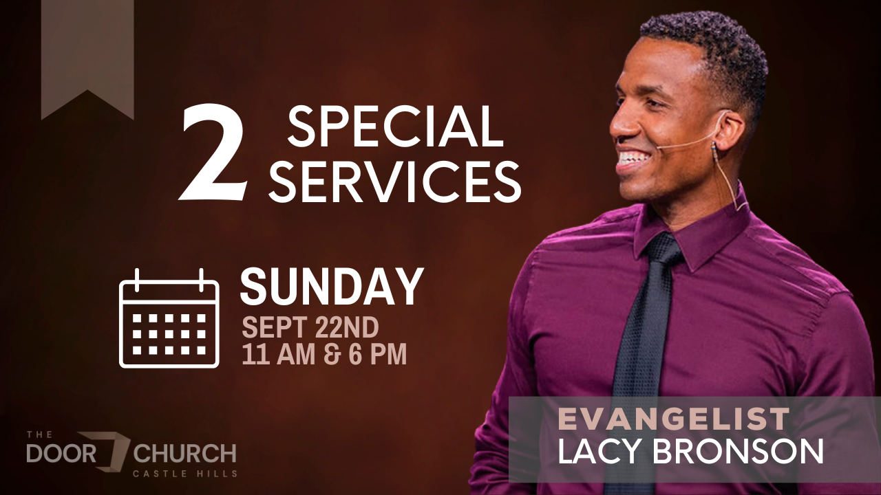 A promotional poster for a church event featuring evangelist Lacy Bronson, scheduled for Sunday, September 22nd at 11 AM and 6 PM. The poster has dark brown and black background with white text, and includes a photo of Lacy Bronson wearing a purple s