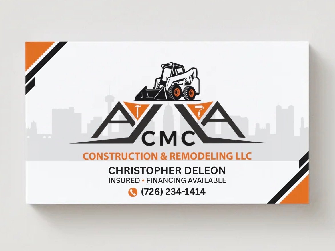 Business card for construction and remodeling LLC with a city skyline background, featuring a bulldozer graphic, company logo, and contact information.