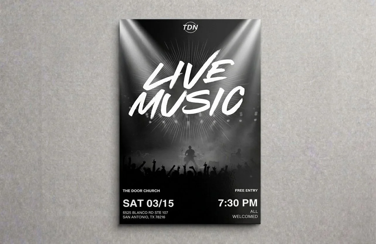 Black and white concert flyer with the words "Live Music" in large letters, featuring silhouettes of musicians and a crowd, advertising an event at The Door Church in San Antonio, Texas, on March 15 at 7:30 PM, with free entry and all are welcomed.