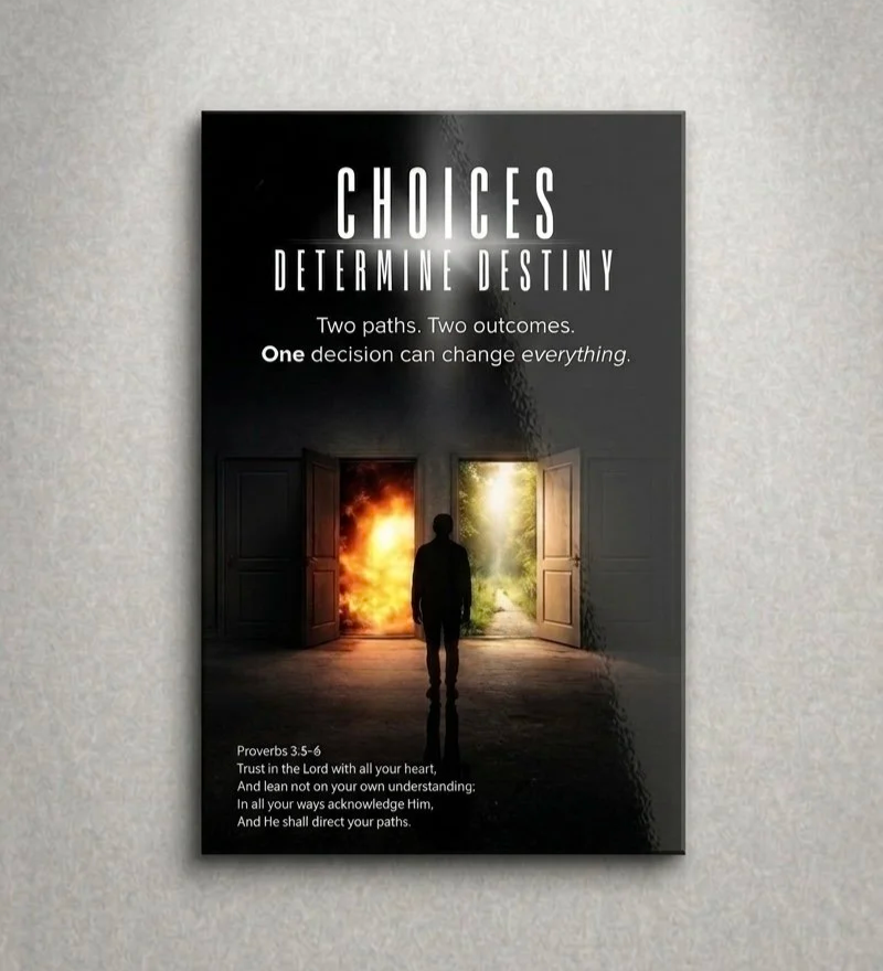 Poster with the title 'Choices Determine Destiny' showing a silhouette of a person standing between two open doors, one fiery and dark, the other bright and green, symbolizing different life paths.