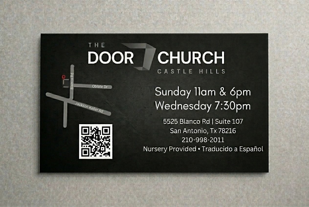 Sign for The Door Church in Castle Hills, with service times, address, phone number, map, and a QR code.