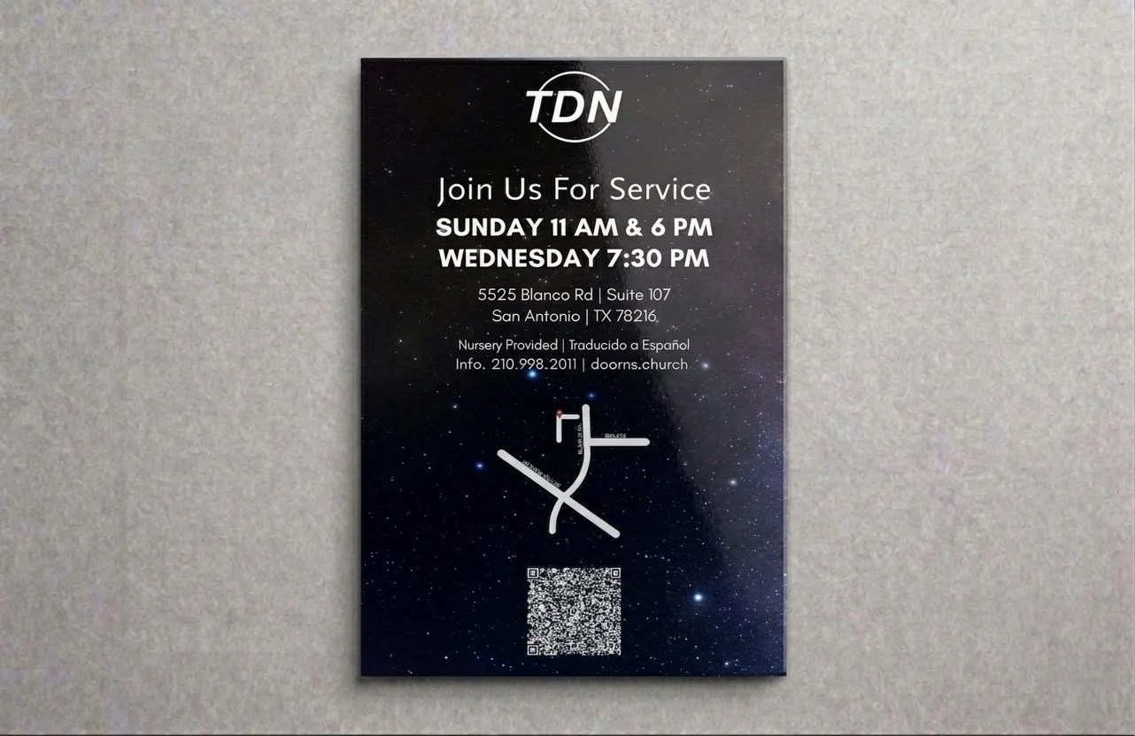 Church informational poster with a starry night sky background, details for service times, location, contact info, and a QR code.