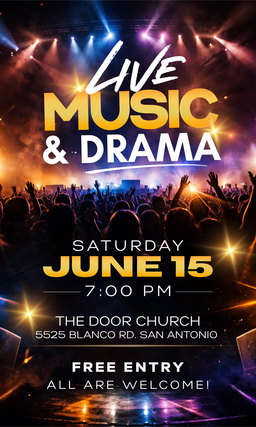 A concert scene with a crowd of people raising their hands under colorful stage lights and smoke effects, promoting a live music and drama event.