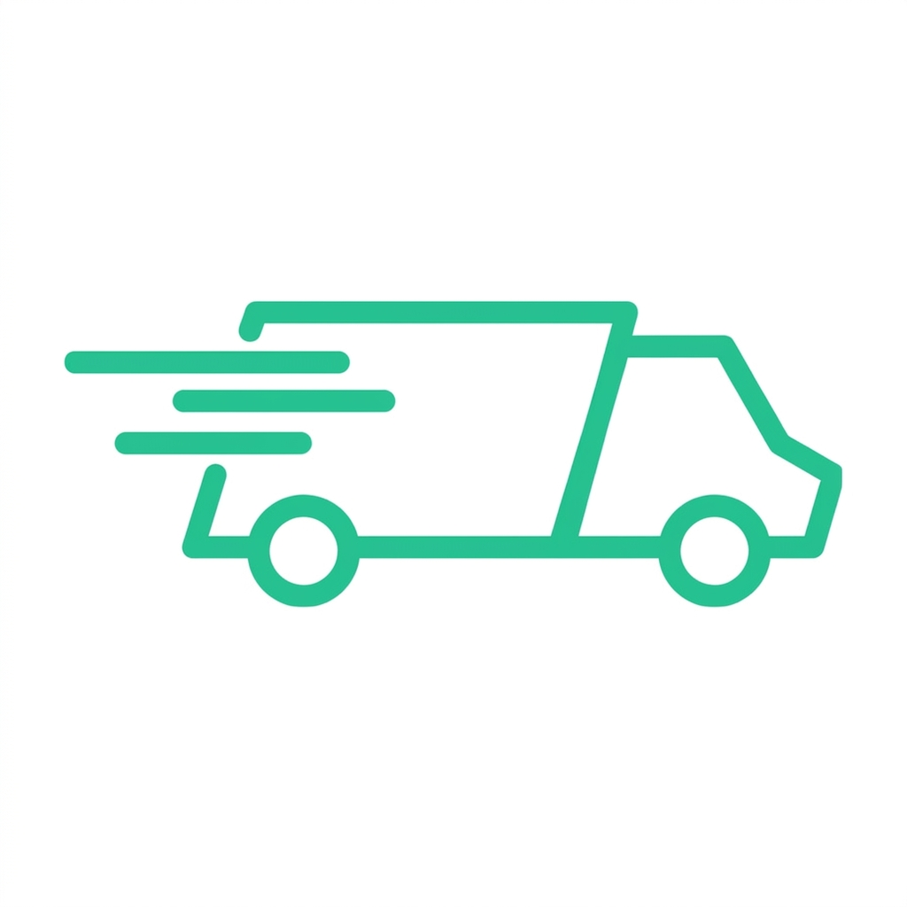 Simple line drawing of a delivery truck with motion lines indicating speed, in a teal color.