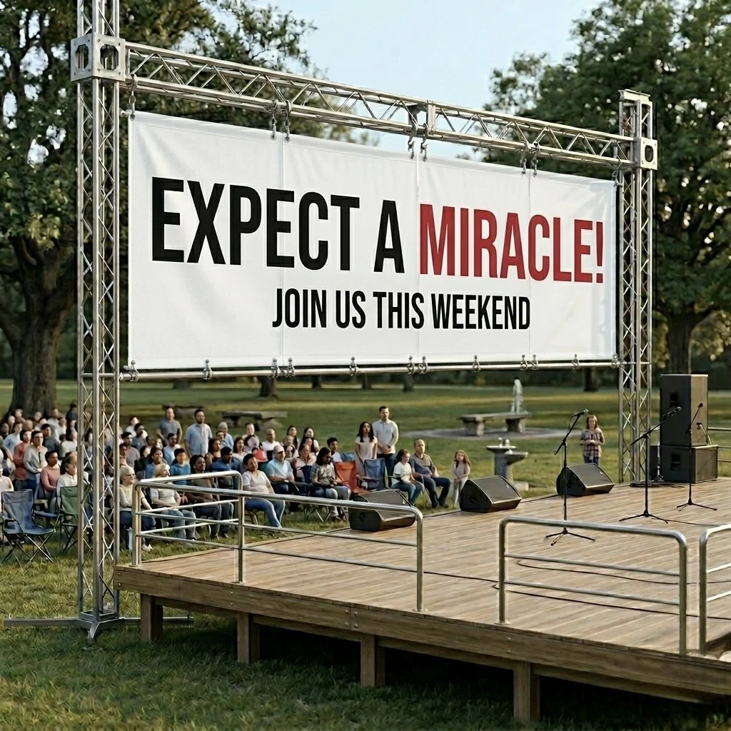An outdoor stage with a large banner that reads 'Expect a Miracle! Join us this weekend.' There is an audience seated on folding chairs in front of the stage, in a park with trees and a water fountain in the background.