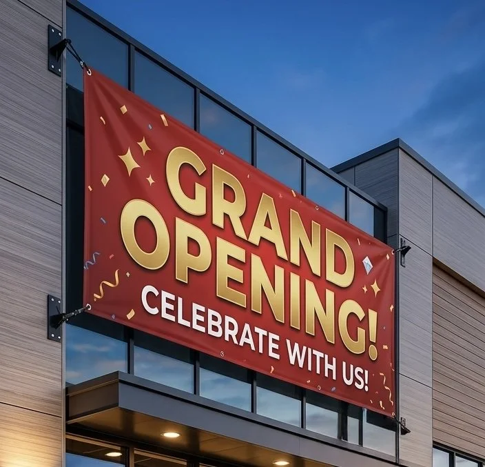 Outdoor banner announcing a grand opening celebration at a new building or store.