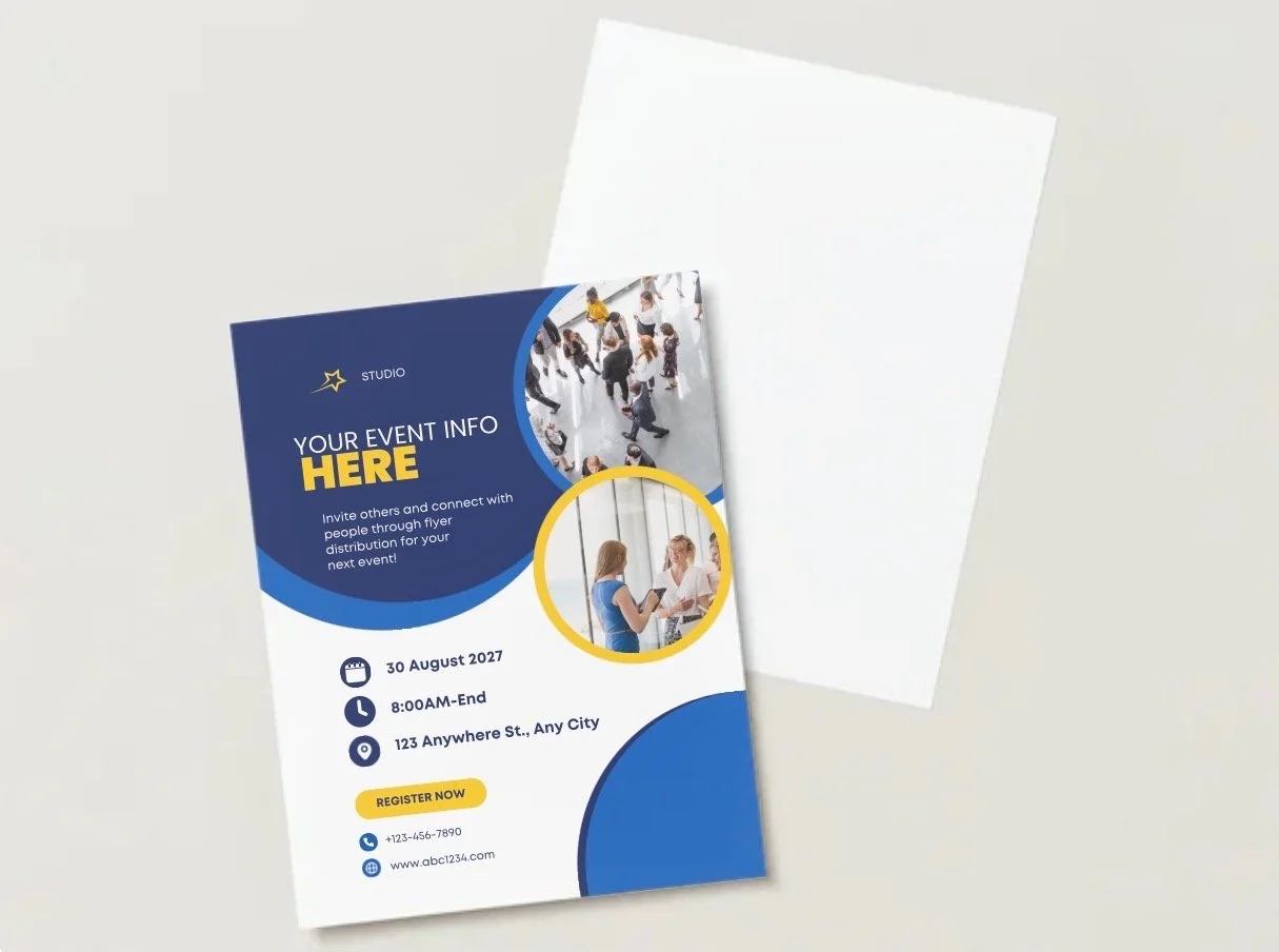 Event flyer with a blue and white background, featuring images of people at an event, displaying event date, time, location, and contact information.