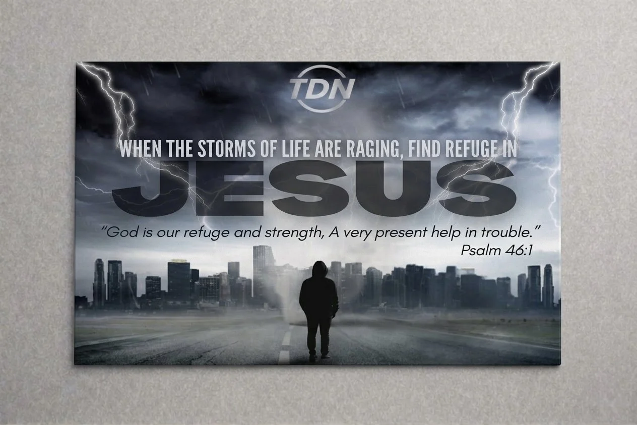 A graphic depicting a stormy sky with lightning over a city skyline, with a silhouetted person walking on a road. Text overlay reads: "When the storms of life are raging, find refuge in Jesus," and a Bible verse from Psalm 46:1.