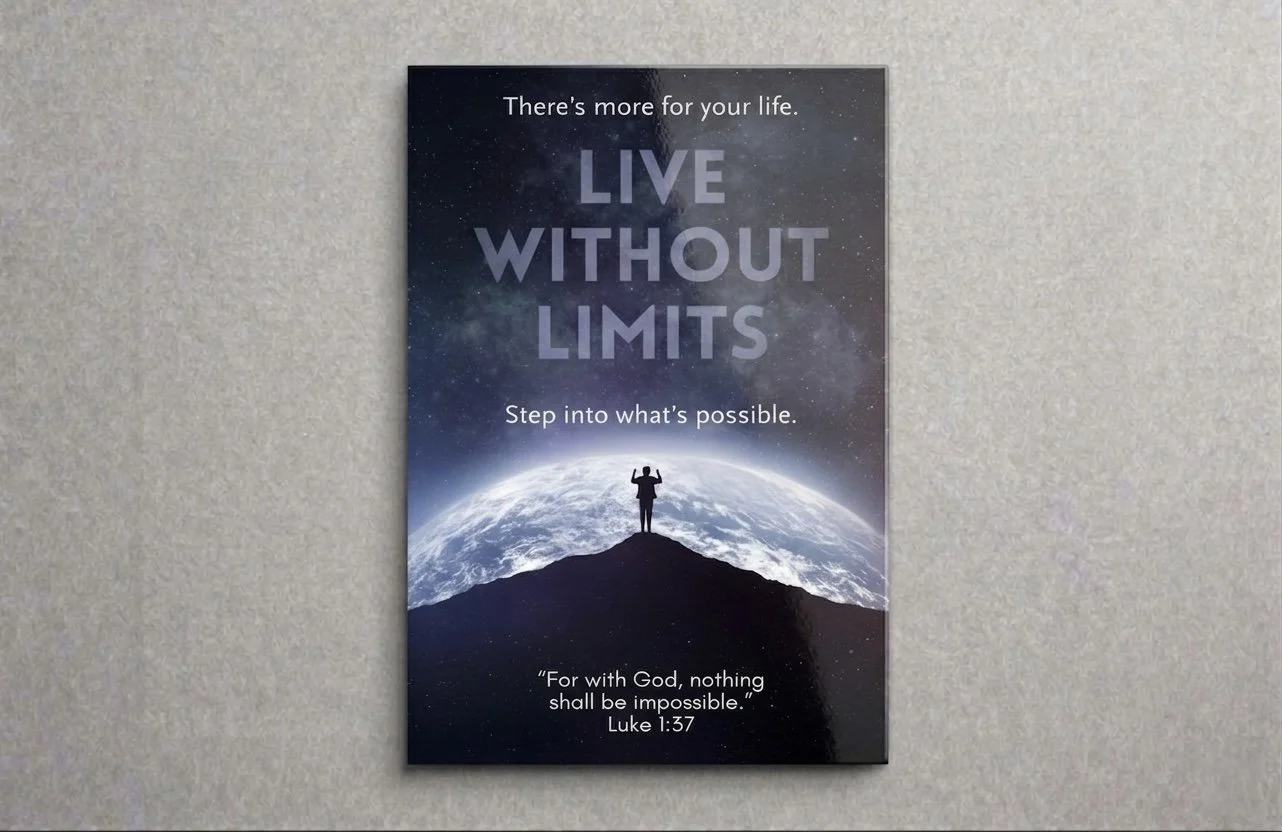 Motivational poster with a silhouette of a person standing on a hilltop with their hands raised, against a backdrop of Earth and the night sky with stars. The poster features inspirational text about living without limits and trusting in God.
