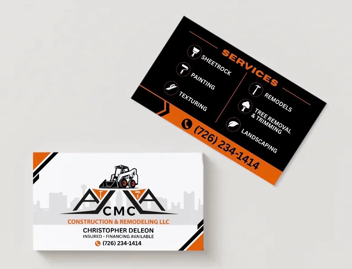 Business card for construction and remodeling LLC with logo of a bulldozer, contact information, and the name Christopher DeLeon.