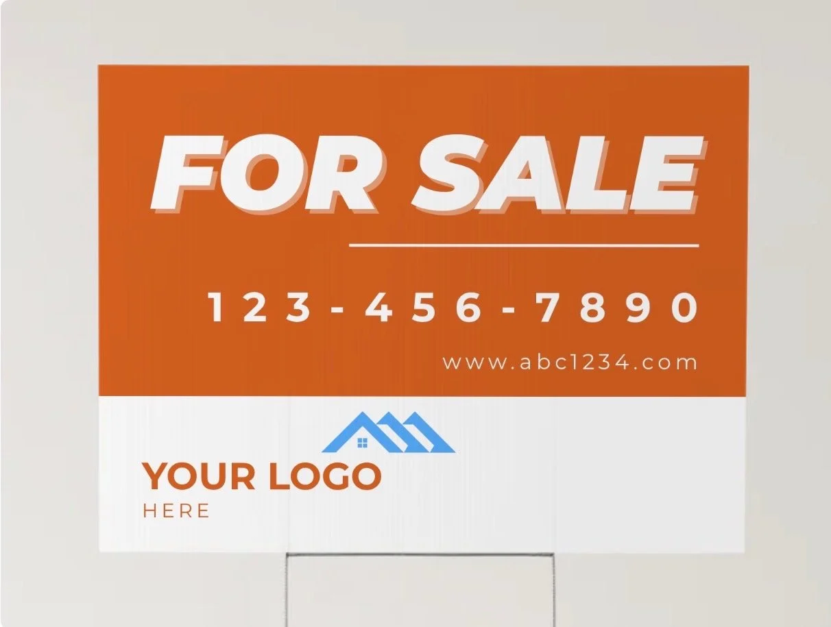 A real estate for sale sign with a website URL and a placeholder for a company logo, featuring an orange and white color scheme.