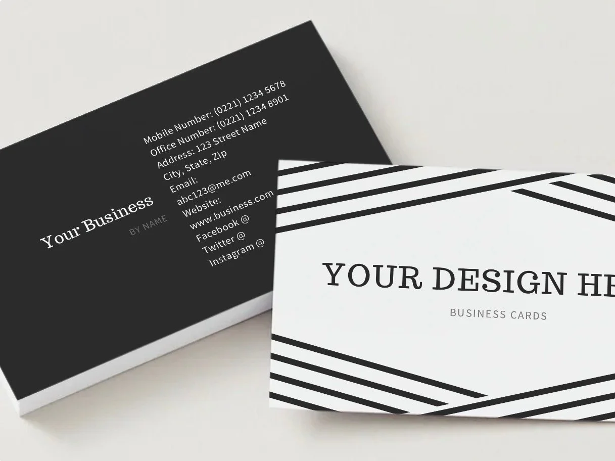 Black and white business cards with customizable design, placeholder text for contact information, and a modern striped pattern.