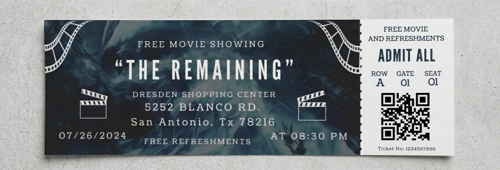 Movie ticket for 'The Remaining' showing a free movie at a Dresden shopping center on July 26, 2024, at 8:30 PM, with a QR code, seat, row, and gate information.