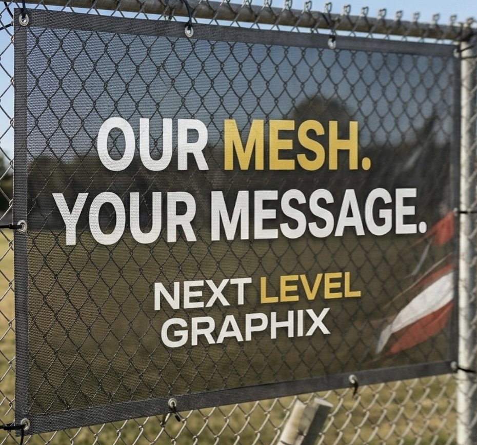 Sign on chain-link fence that reads "Our Mesh. Your Message. Next Level Graphix" with black, white, and yellow text.