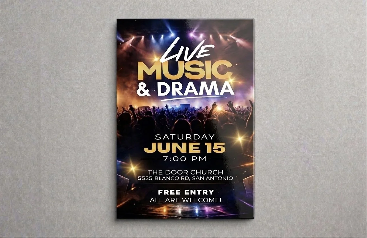 Event poster advertising a live music and drama event on Saturday, June 15 at 7:00 PM at The Door Church, 5525 Blanco Road, San Antonio. Free entry, all are welcome.