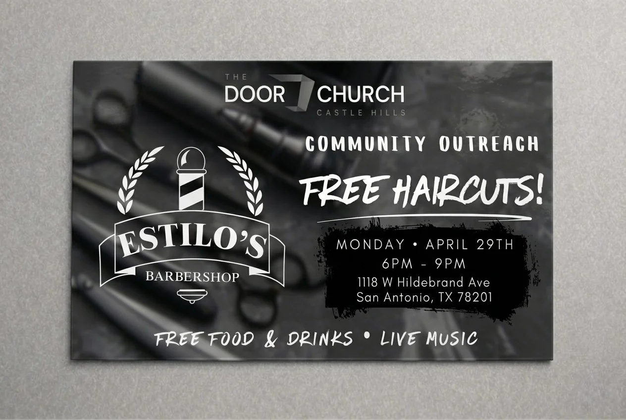 Flyer for Estilo's Barbershop community outreach event offering free haircuts. Details: Monday, April 29th, 6 PM to 9 PM at 1118 W Hildebrand Ave, San Antonio, TX 78201. Free food, drinks, and live music.