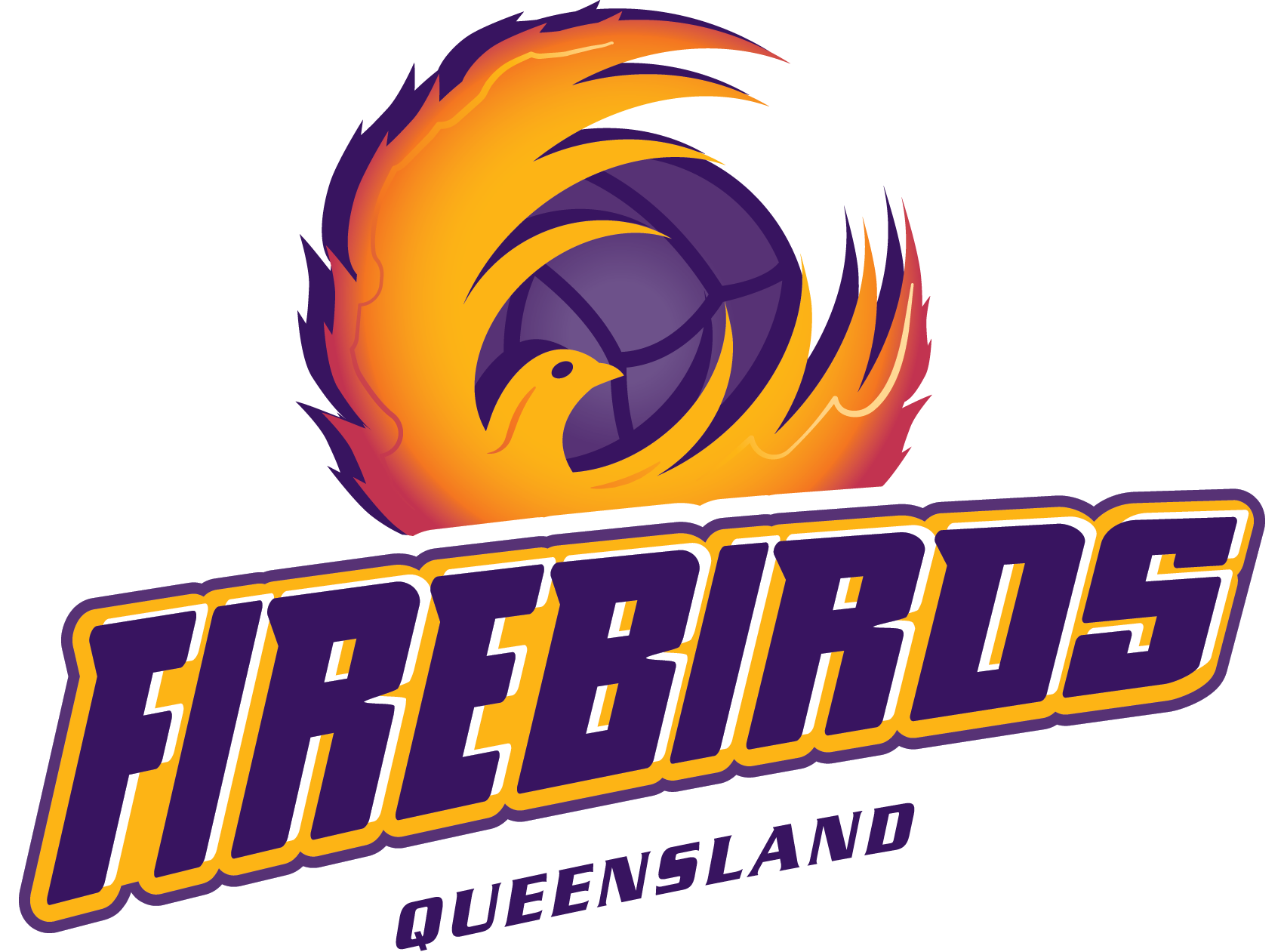 Logo of the Queensland Firebirds team featuring a stylized phoenix with a purple and orange color scheme and team name in bold purple and yellow letters.