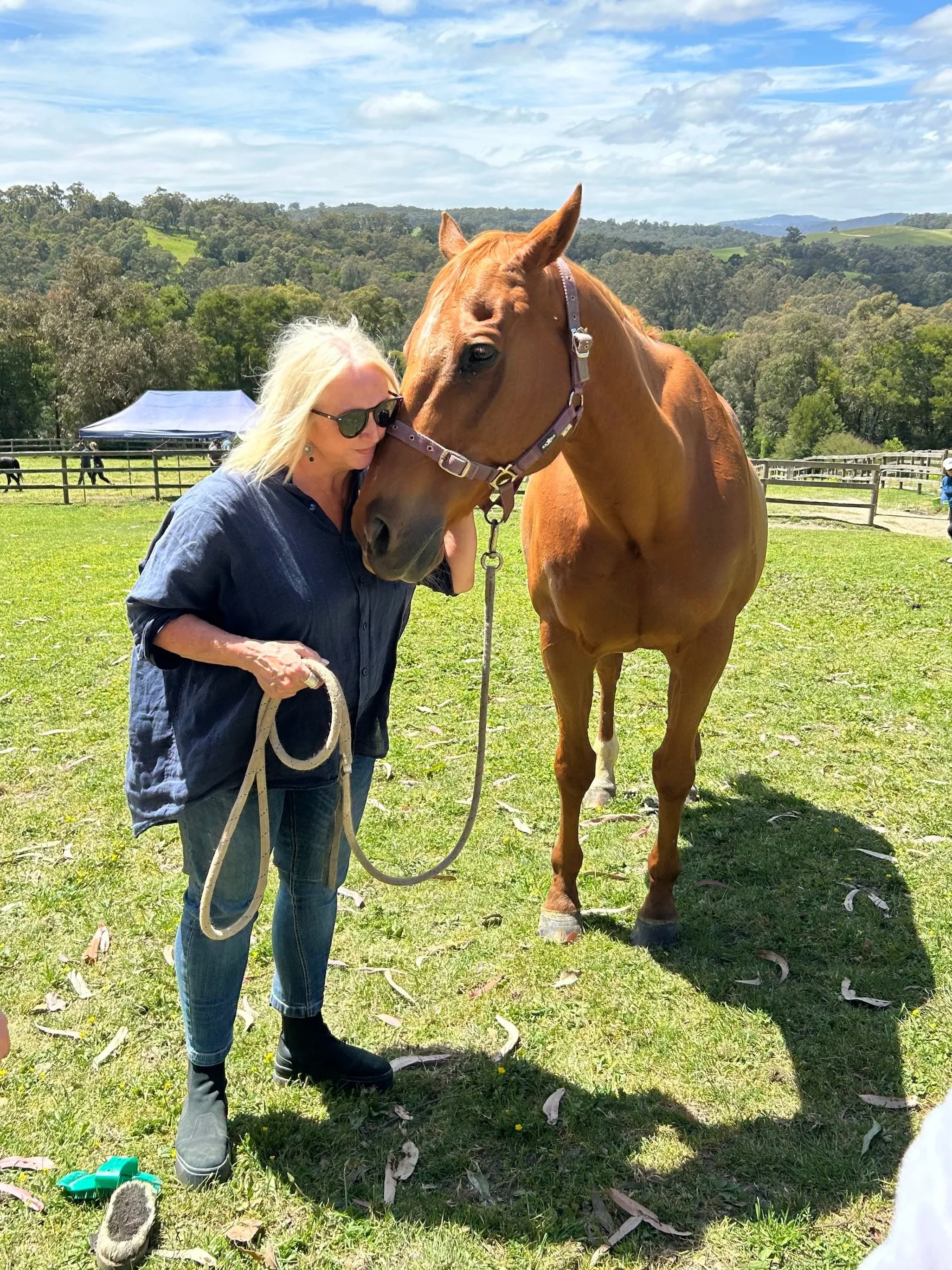A woman with blonde hair, wearing sunglasses, a blue shirt, blue jeans, and black boots, is standing on grass holding a white rope. She is leaning in close to a large brown horse with a purple halter, and the horse's head is resting against her head. The background shows a fenced pasture with more horses, green rolling hills, trees, a blue sky with scattered clouds, and some people in the distance.