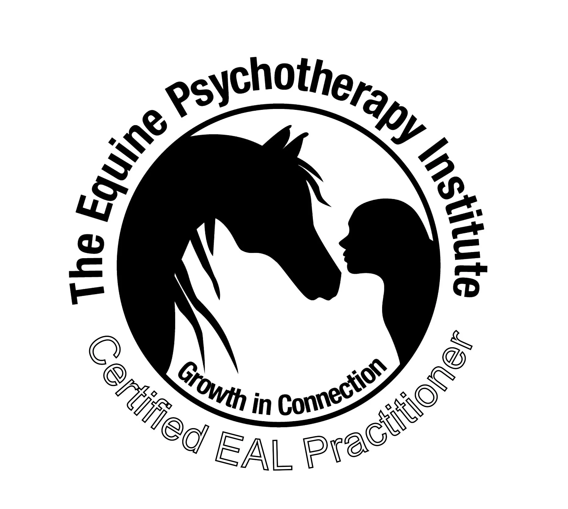 Black and white logo featuring a horse's head and a child's face in profile, surrounded by circular text about emotional intelligence and education.