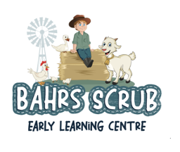 A cartoon illustration of a girl sitting on a hay bale with a duck and a dog, next to a windmill. Text reads "Bahrs Scrub Early Learning Centre."