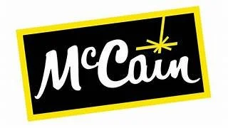 McCain logo with black background, yellow border, and white stylized text
