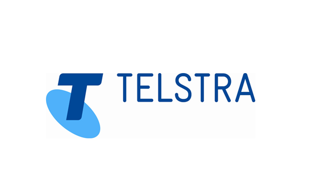 Telstra logo with a blue stylized 'T' and the company name in blue text.