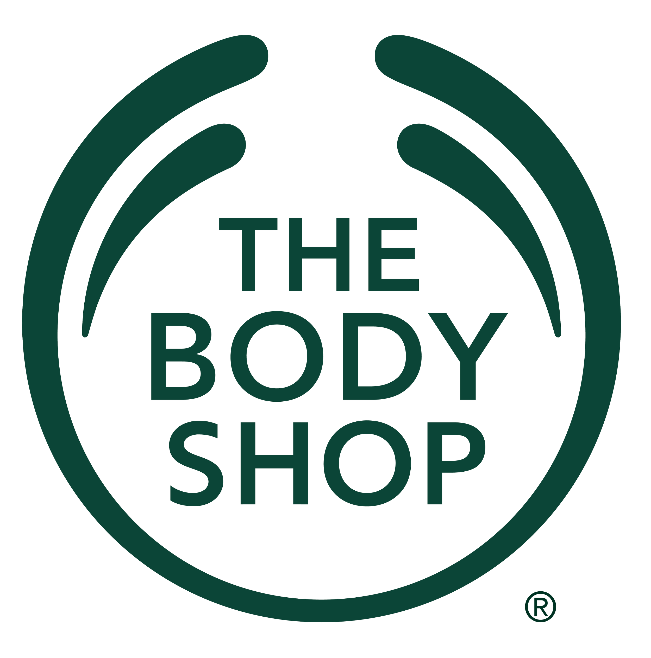A circular logo with the words "THE BODY SHOP" inside, surrounded by two curved lines, on a black background.