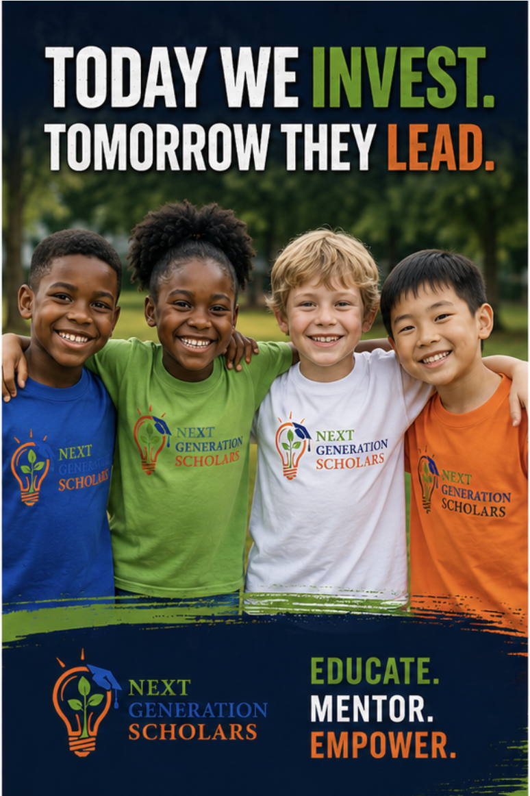 A group of four smiling children with their arms around each other, wearing colorful t-shirts with a "Next Generation Scholars" logo, standing outdoors in a park. The image includes motivational text about investing in education and mentorship.