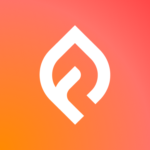 A white flame logo on a pink and orange gradient background.
