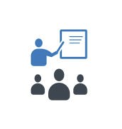 Icon of a person giving a presentation to three seated individuals.