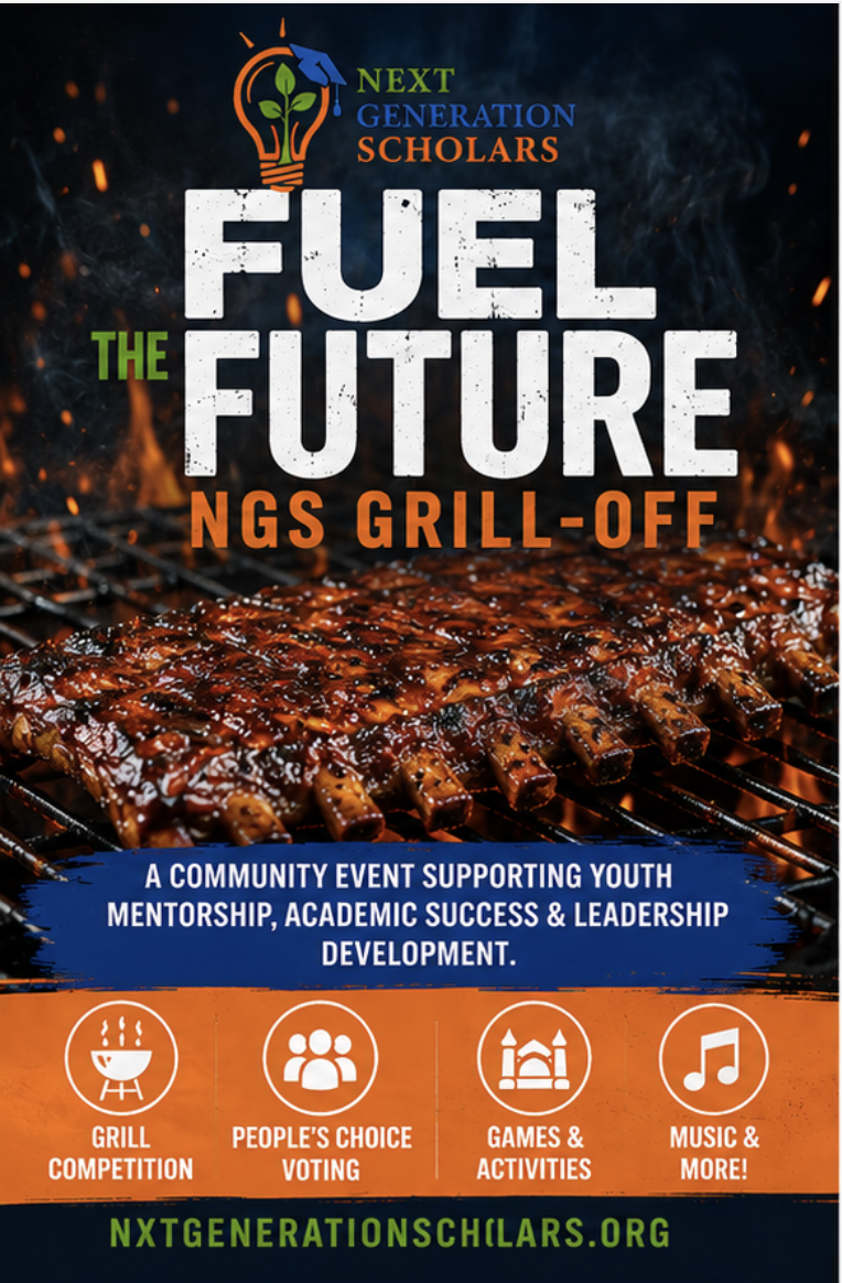 Promotional poster for 'Fuel the Future,' a community event supporting youth mentorship, academic success, and leadership development. Features a grilled rack of ribs, icons for grill competition, voting, games, music, and a website URL.