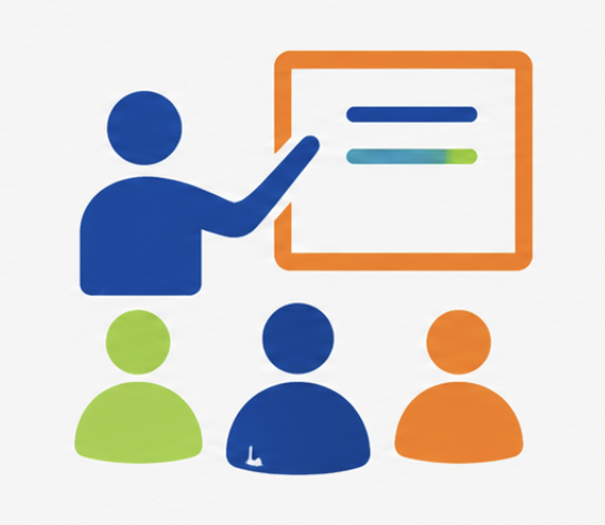 Graphic of a person pointing at a presentation board with three colored lines, surrounded by three seated people in green, blue, and orange.