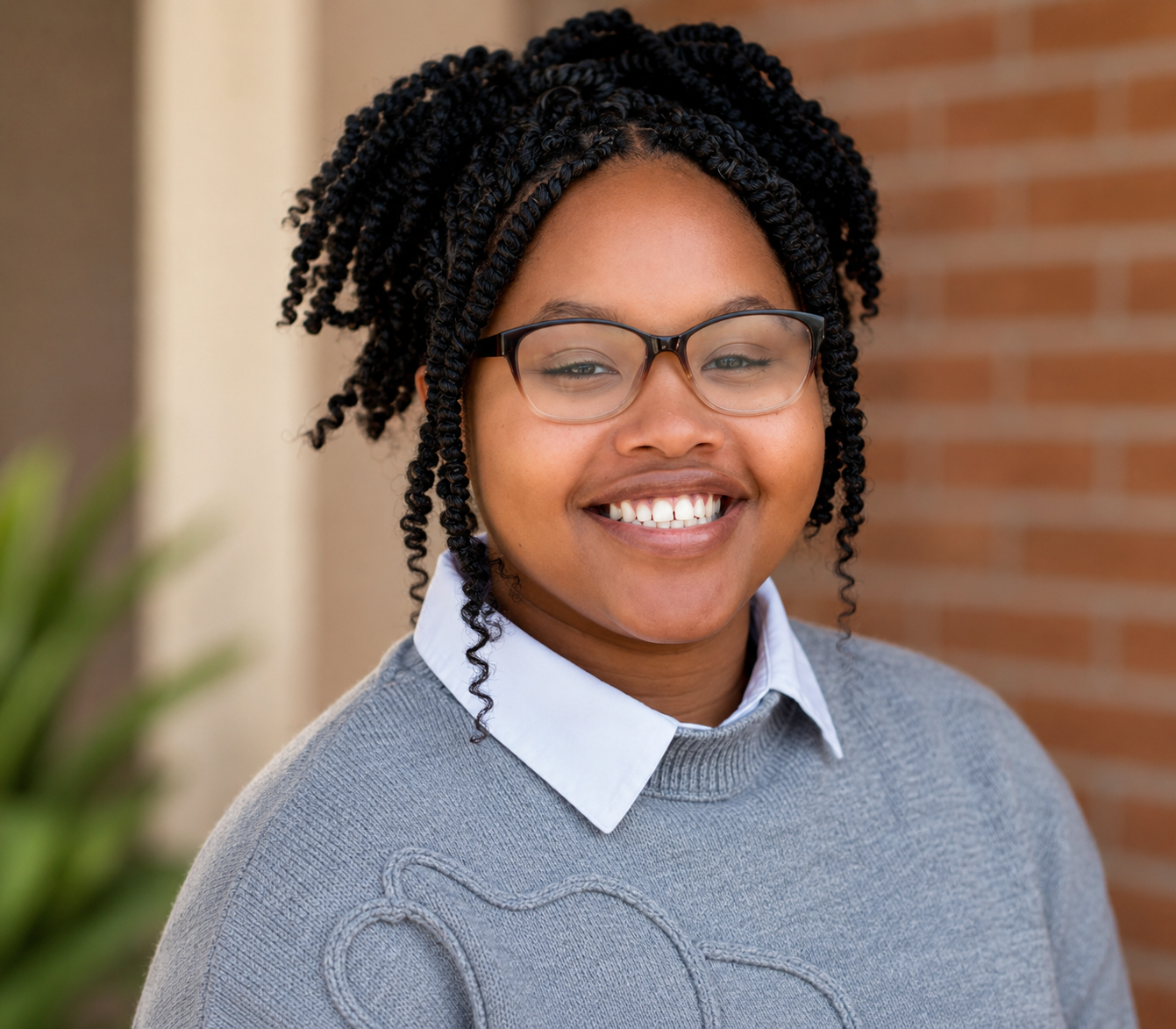 A smiling woman with curly black hair, glasses, a white shirt, and a gray sweater outdoors in front of a brick wall.