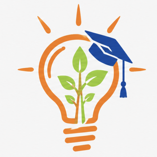 Lightbulb outline with a green plant growing inside and a blue graduation cap on top, symbolizing education and green ideas.