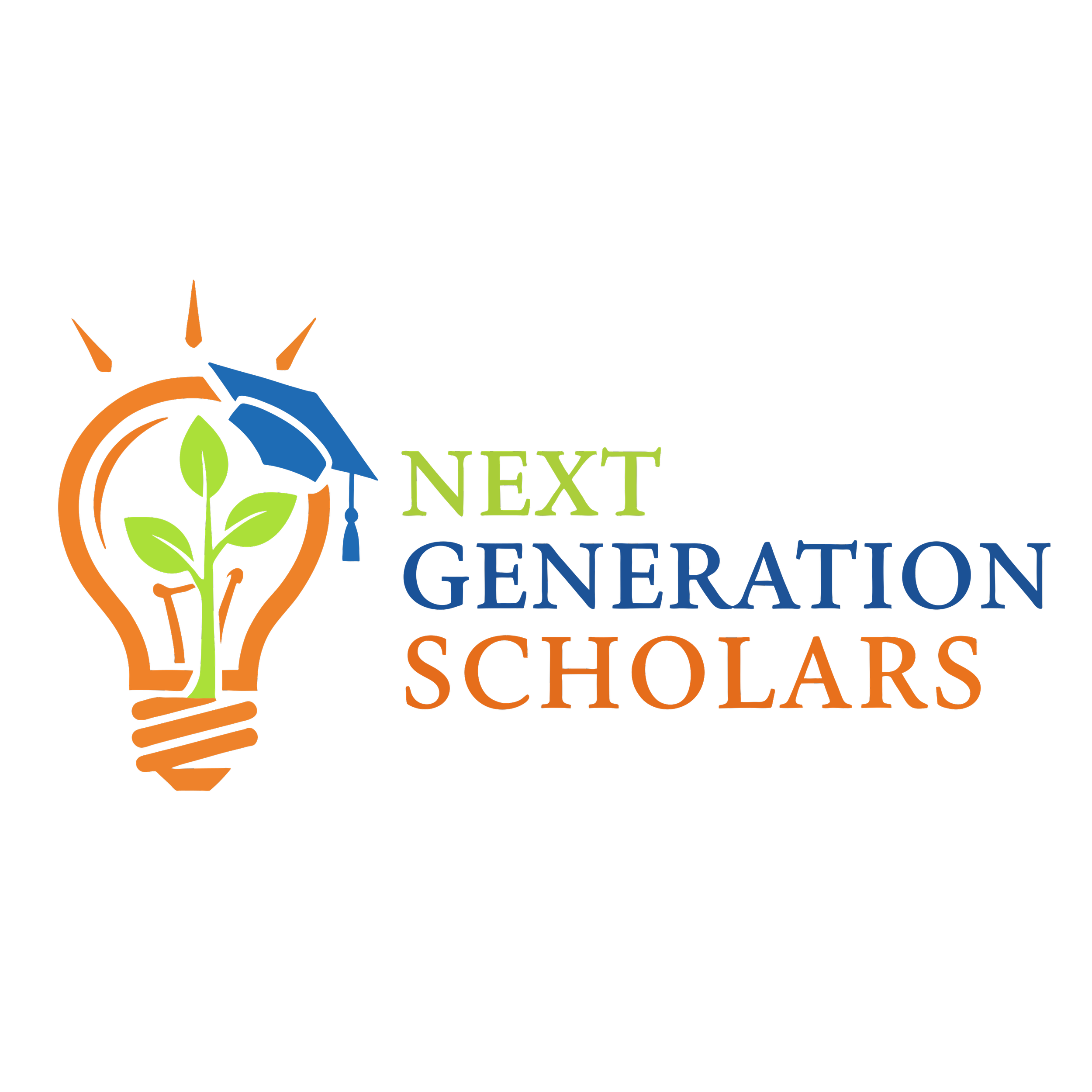 Logo for Next Generation Scholars featuring a lightbulb with a green sprout inside, a blue graduation cap, and the text 'Next Generation Scholars' in green, blue, and orange.