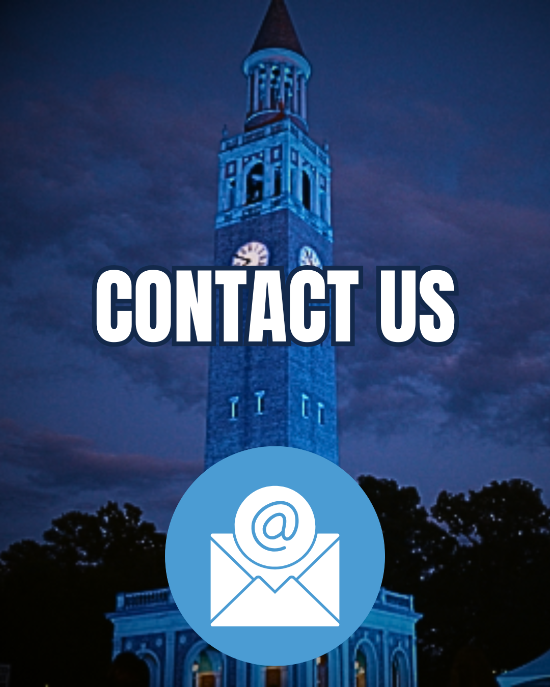 A clock tower illuminated with blue lights at night, with a foreground icon of an envelope and an at symbol, and the words 'Contact Us' overlaid.