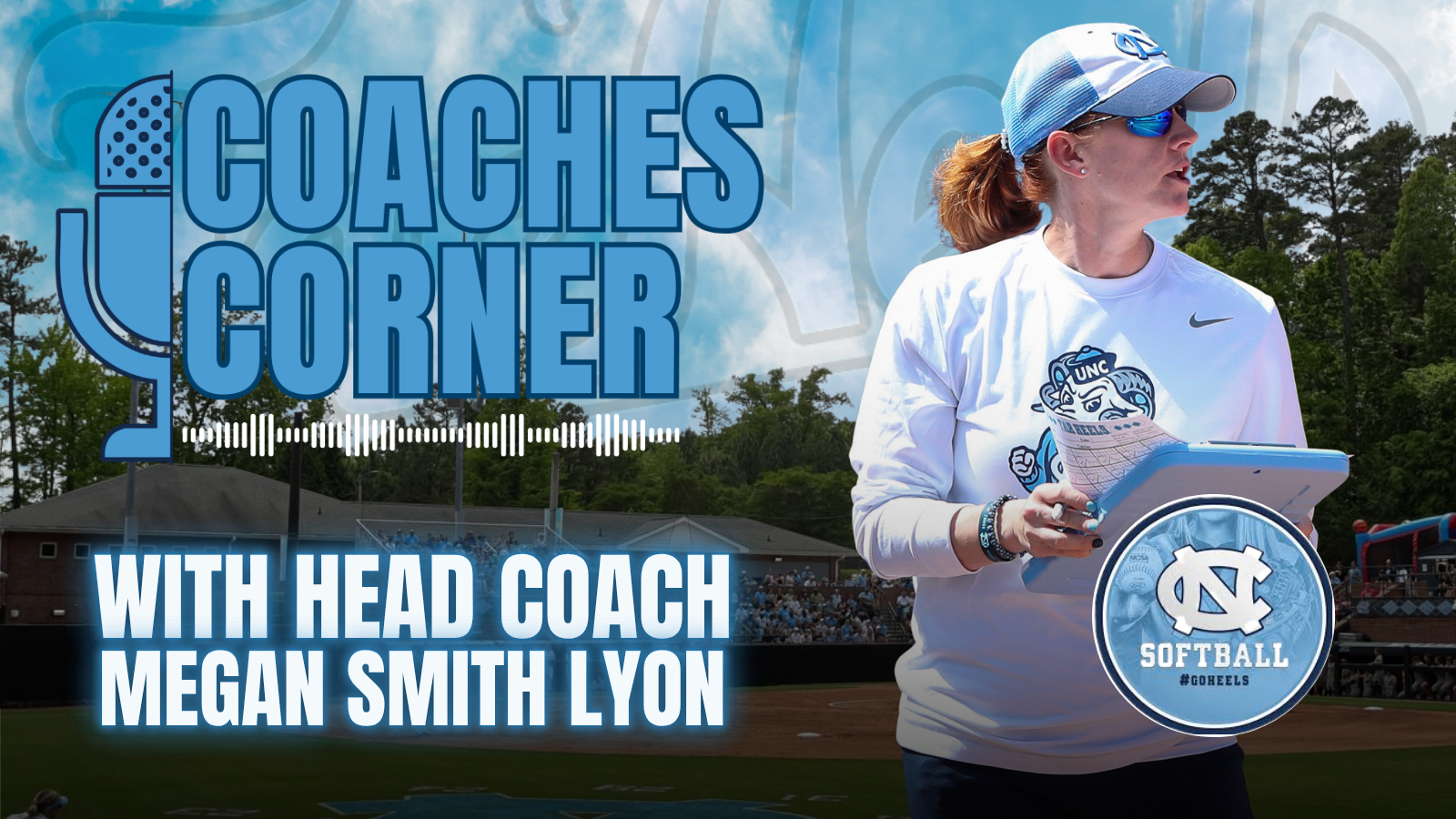 A promotional graphic for a softball coaching show featuring head coach Megan Smith Lyon, with a woman in a softball uniform holding notes on a clipboard at a softball field, and text overlay indicating the show's title and coach's name.