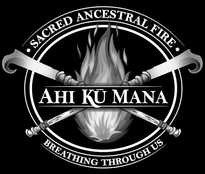 Logo with two crossed Nifo Oti's, the text 'Sacred Ancestral Fire' 'Breathing Through Us,' with 'Ahi Ku Mana' in the center.