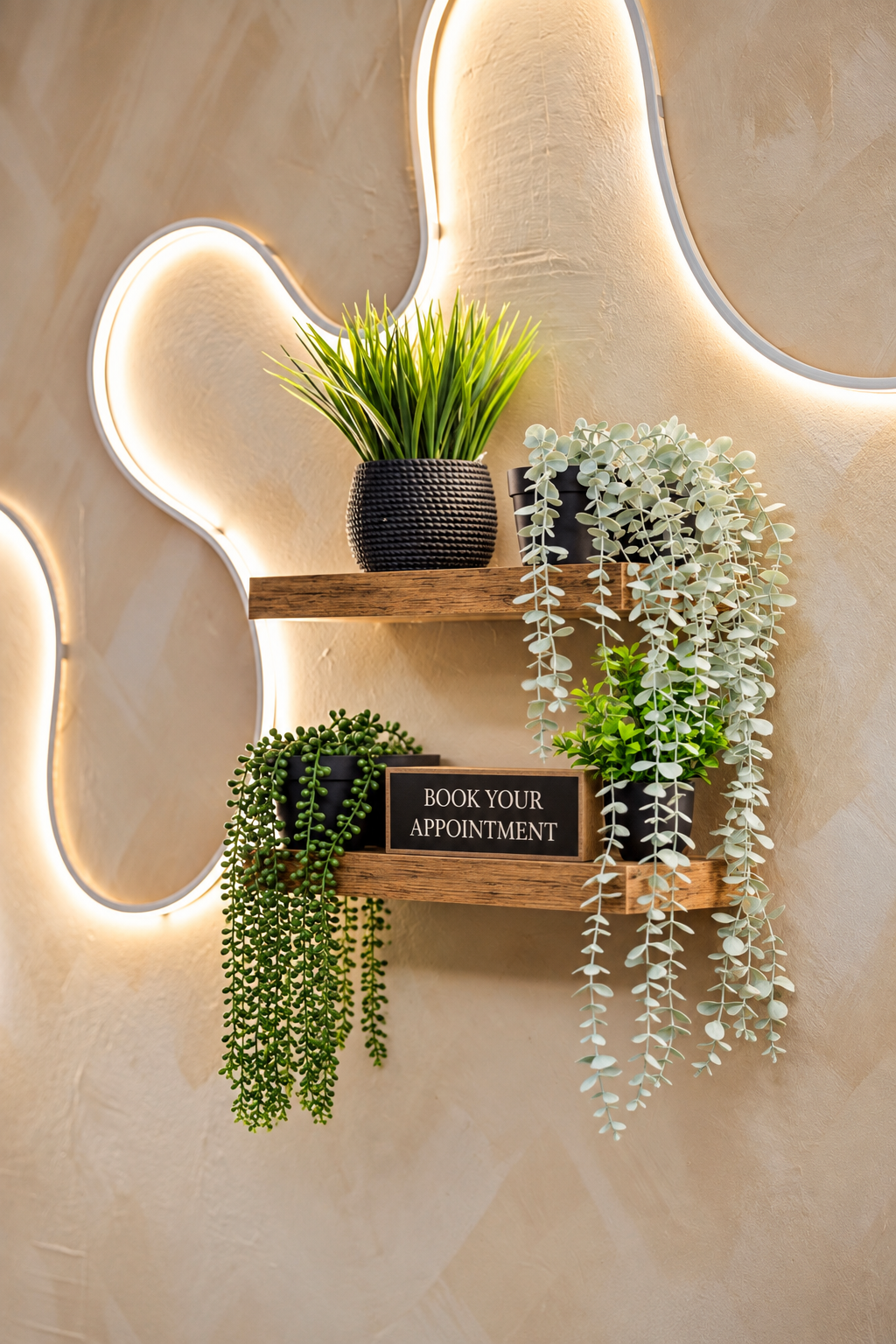 Decorative wall with illuminated curvy outlines, wooden shelves holding potted greenery, including a tall grass plant and trailing succulents, and a black sign that reads 'Book Your Appointment'.